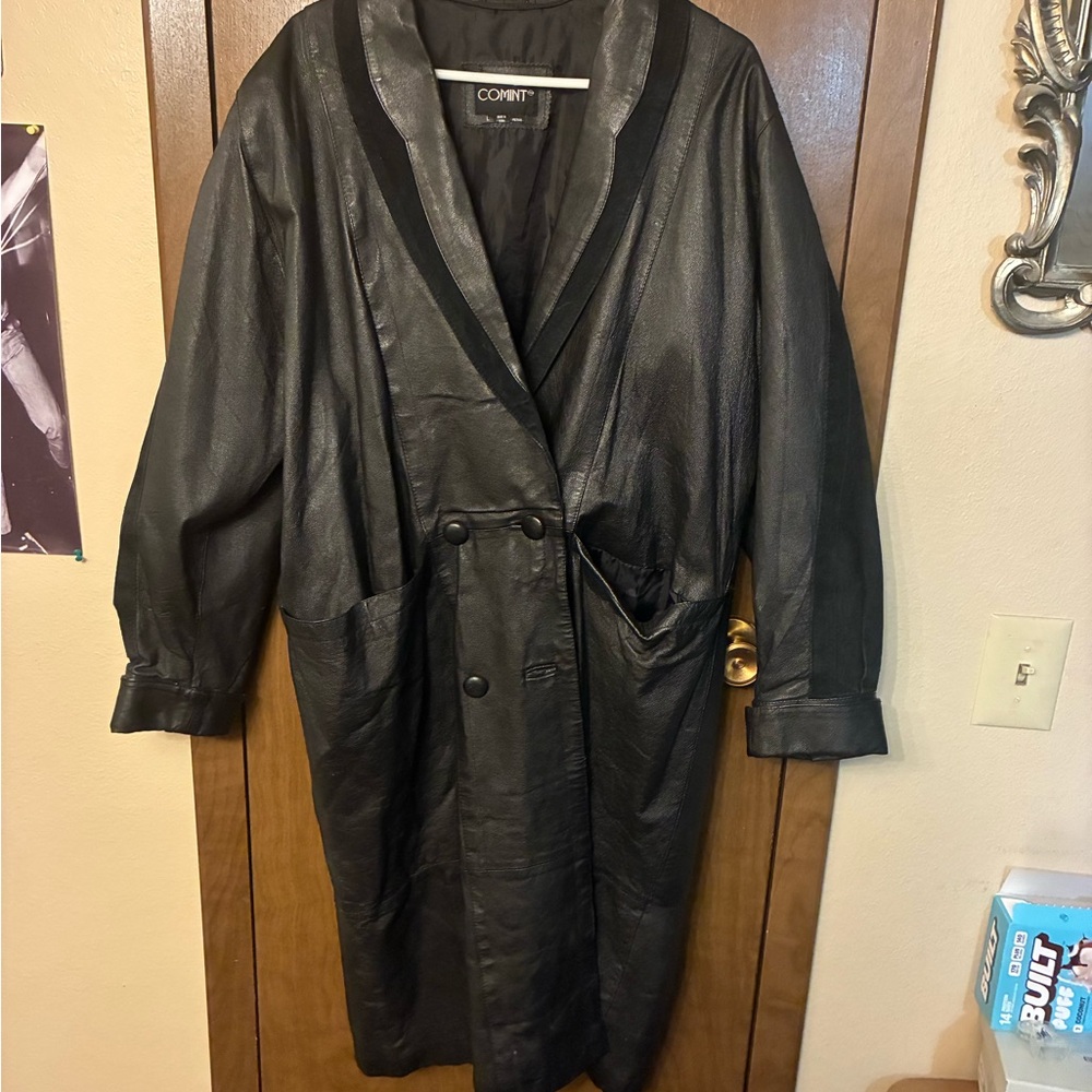 Vintage black leather duster/ Trench Coat